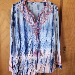 Soft Surroundings Blue and Pink Embroidered Tunic